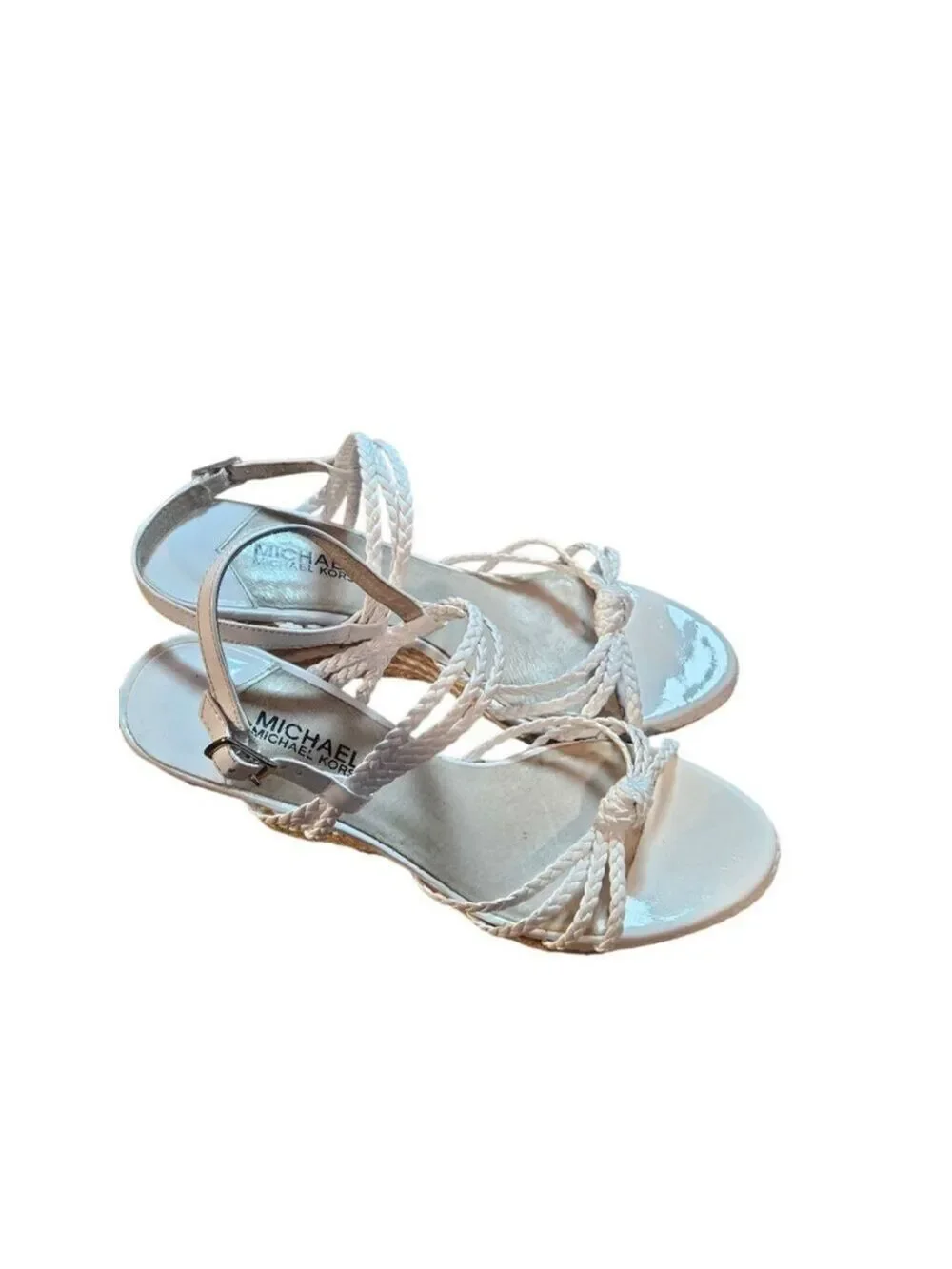 Michael Kors White & Beige Braided Espadrille Wedges Size 9.5